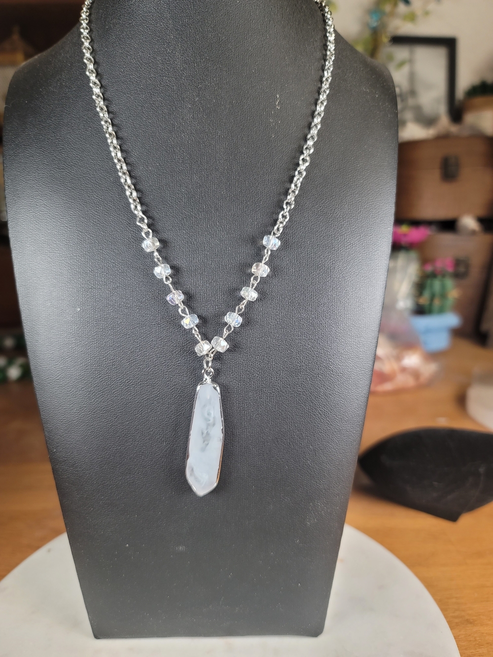 paparazzi Silver Crystal Bead Necklace with White Agate Pendant